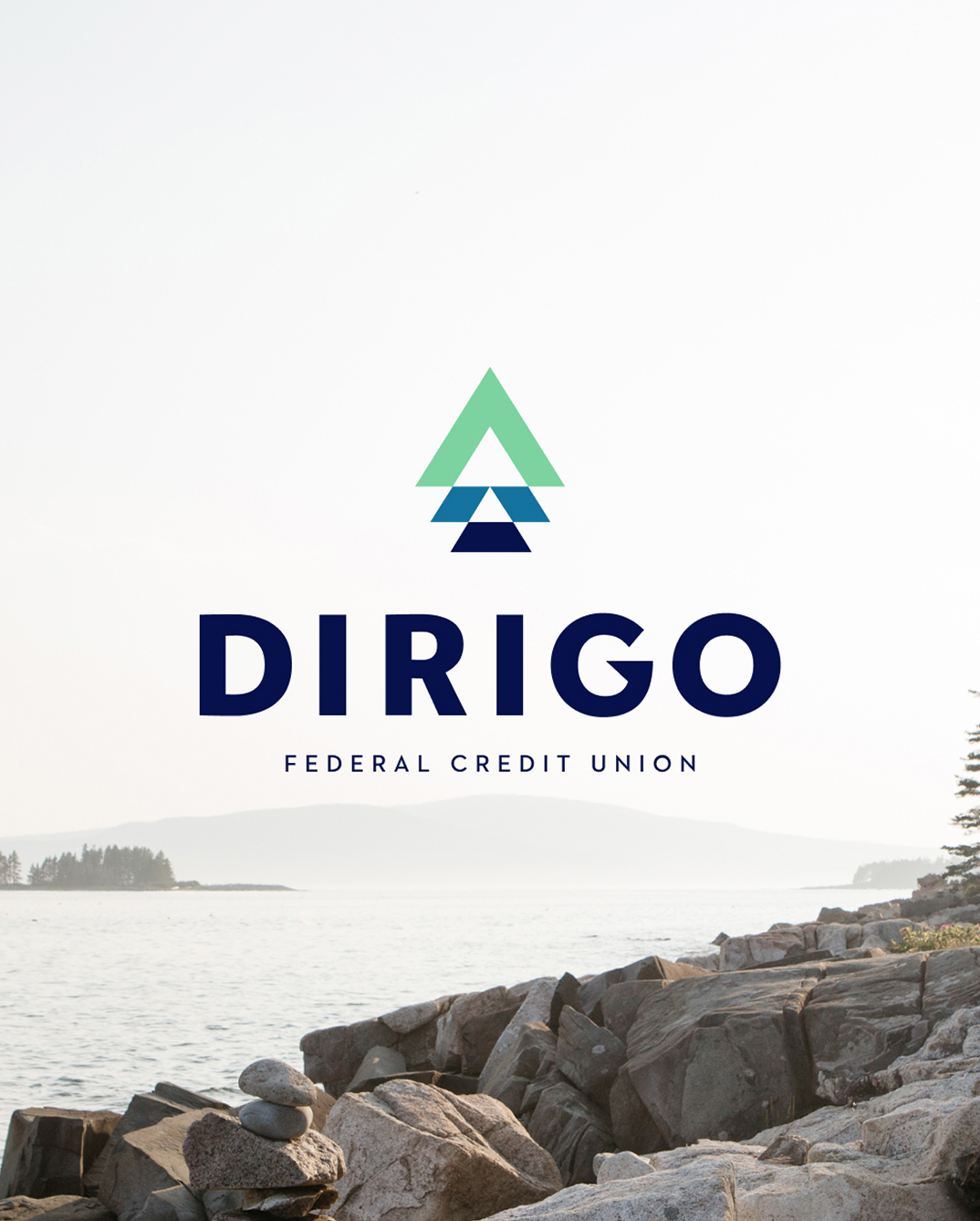 DIRIGO Federal Credit Union logo displayed over a scenic coastal Maine backdrop, highlighting community-based credit union marketing.