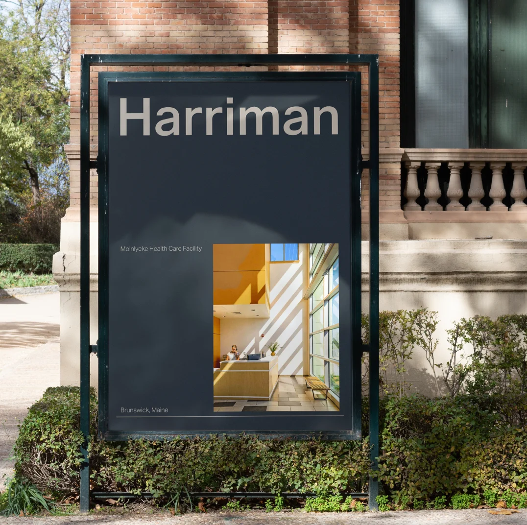 Harriman brand signage developed by Anchour, a strategic branding agency, featuring a bold visual identity system applied to real-world environmental branding outside a historic building