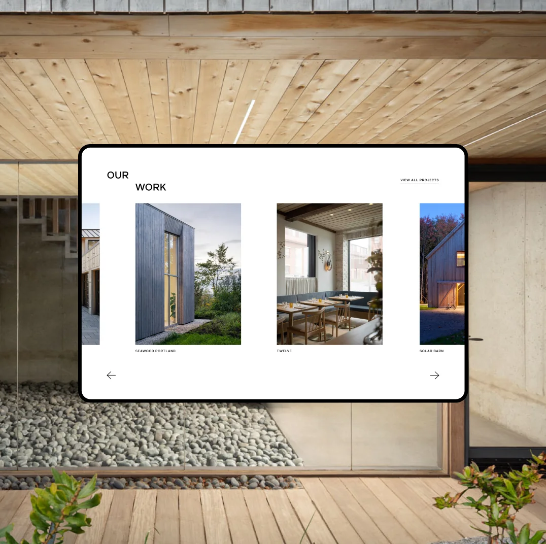 Anchour branding agency web design example for an architecture client, highlighting user-friendly navigation and high-end visual storytelling through interior and exterior project photography.