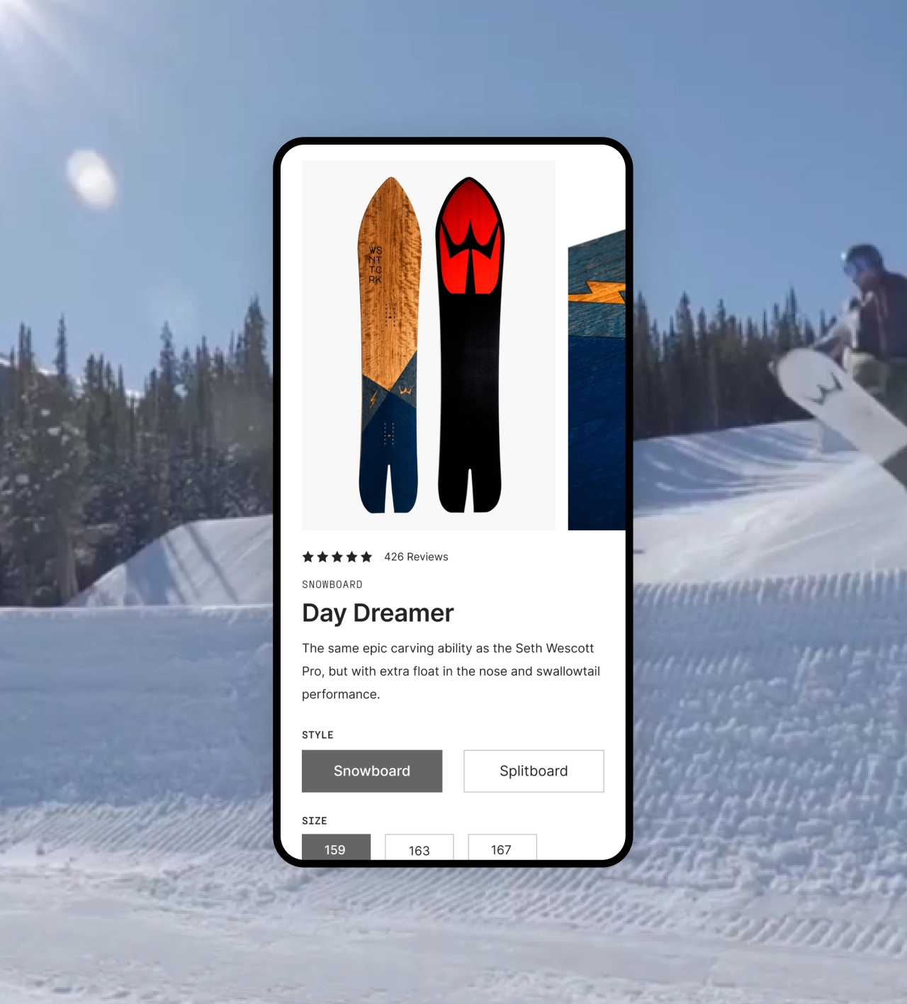 Winterstick eCommerce product page highlighting the Day Dreamer snowboard with user reviews and style options—designed by a Maine-based eCommerce branding agency specializing in outdoor gear and lifestyle brands