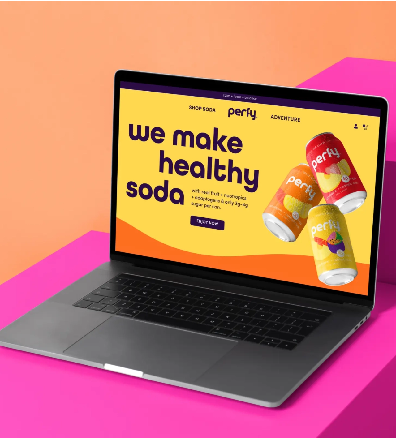 Perfy functional soda website design on a laptop, showcasing vibrant DTC brand identity and bold messaging—developed by a health and wellness eCommerce branding agency focused on conversion and retention