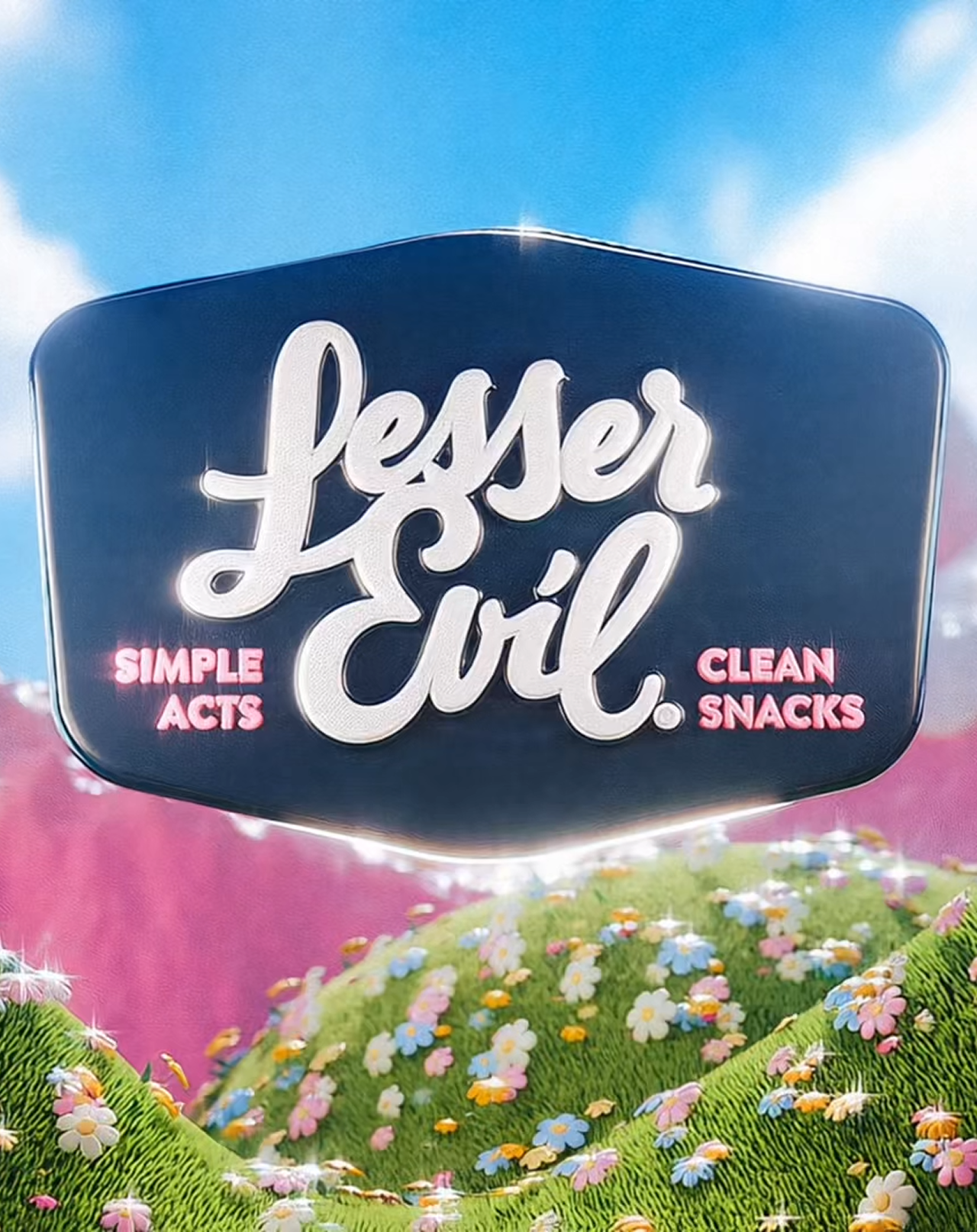 A sign reading Lesser Evil with Simple Acts and Clean Snacks stands above a flowery, grassy hill with a bright, colorful sky in the background.